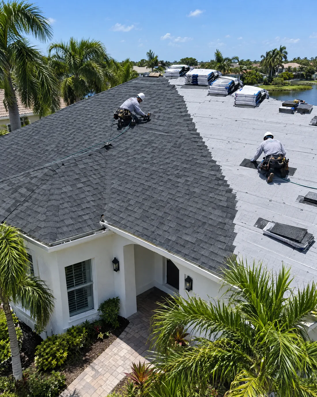 Crew replacing a roof on a Florida home