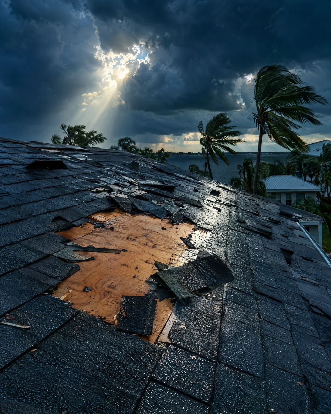 Storm-damaged roof with missing shingles
